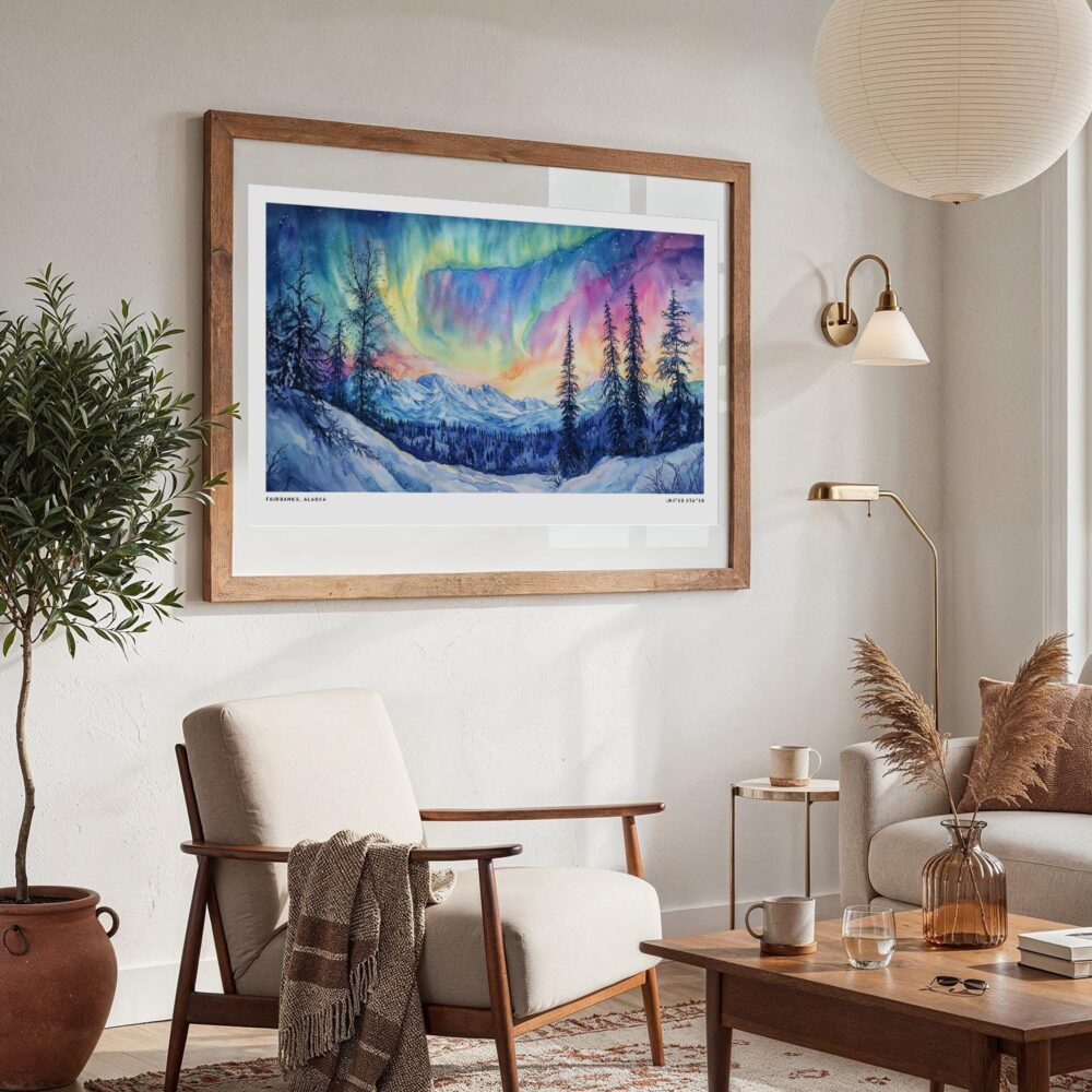 03 - Large Fairbanks Alaska Northern Lights Watercolor - Horizontal Art Print in Boho Living Room with vintage Wood frame.jpg 03 - Large Fairbanks Alaska Northern Lights Watercolor - Horizontal Art Print in Boho Living Room with vintage Wood frame.jpg