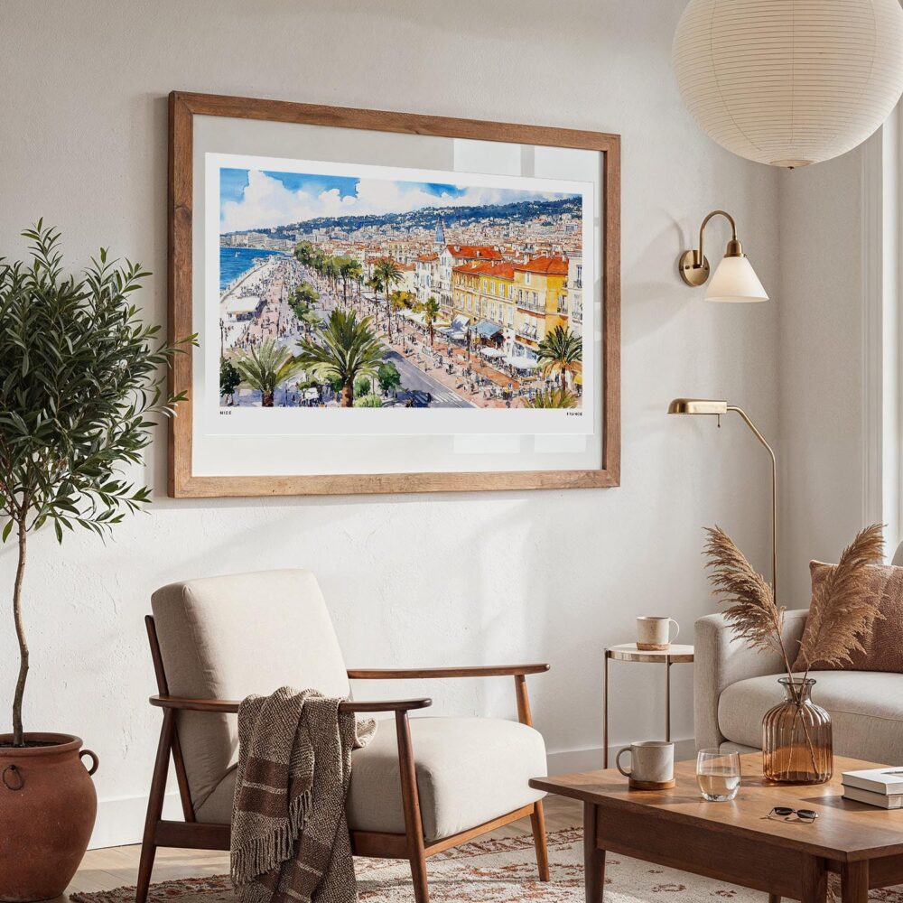 03 - Large Nice France Watercolor - Horizontal Art Print in Boho Living Room with vintage Wood frame.jpg 03 - Large Nice France Watercolor - Horizontal Art Print in Boho Living Room with vintage Wood frame.jpg