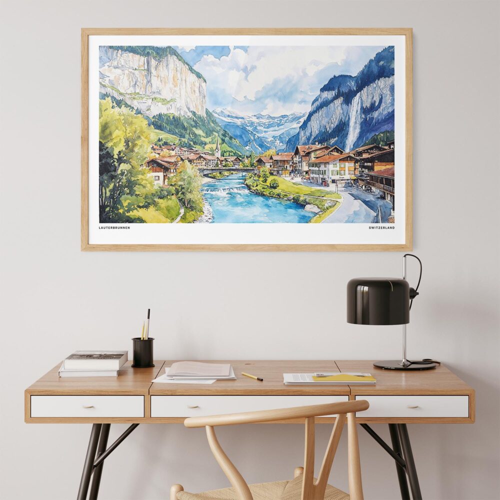 03 - Lauterbrunnen Watercolor - Horizontal Art Print in Natural Wood Frame above work desk.jpg 03 - Lauterbrunnen Watercolor - Horizontal Art Print in Natural Wood Frame above work desk.jpg