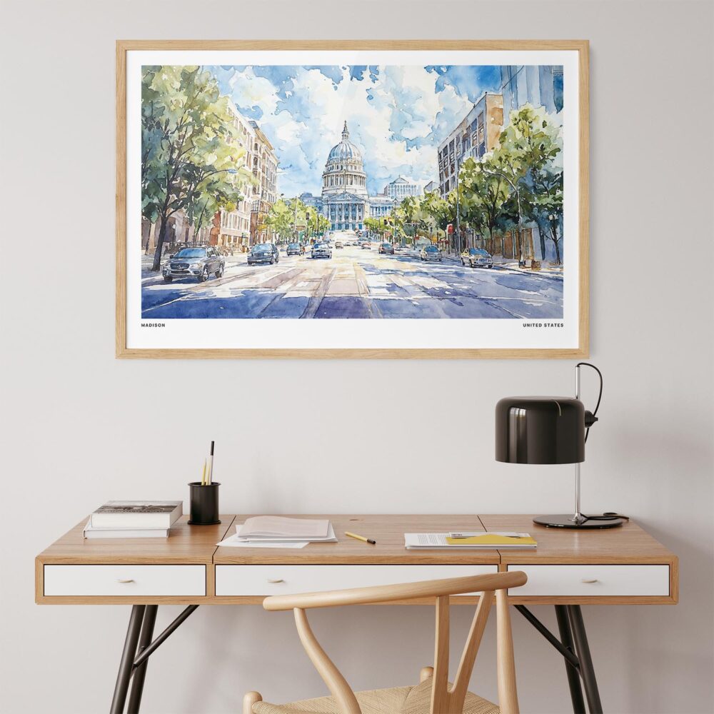 03 - Madison Watercolor - Horizontal Art Print in Natural Wood Frame above work desk.jpg 03 - Madison Watercolor - Horizontal Art Print in Natural Wood Frame above work desk.jpg