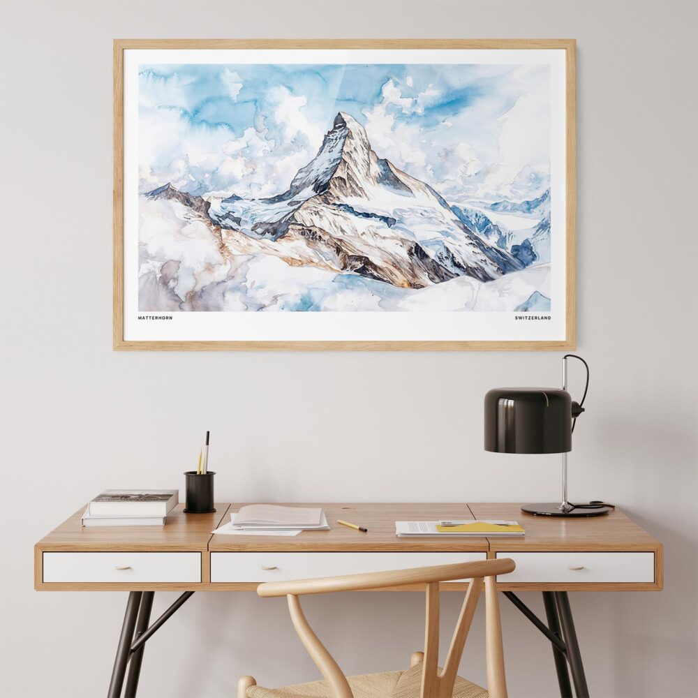 03 - Matterhorn Watercolor - Horizontal Art Print in Natural Wood Frame above work desk.jpg 03 - Matterhorn Watercolor - Horizontal Art Print in Natural Wood Frame above work desk.jpg