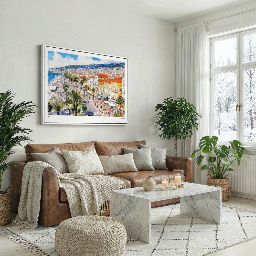 03 - Nice France Watercolor - Horizontal Canvas Print with White Floater Frame above Leather Couch.jpg 03 - Nice France Watercolor - Horizontal Canvas Print with White Floater Frame above Leather Couch.jpg