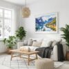 03 - Norway Fjords Watercolor - Horizontal Canvas Print with White Floater Frame in modern Scandi Living Room.jpg