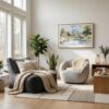 03 - Scandianvian Living Room with Chiang Mai Thailand Watercolor - Horizontal Canvas Print in Natural Floater Frame.jpg