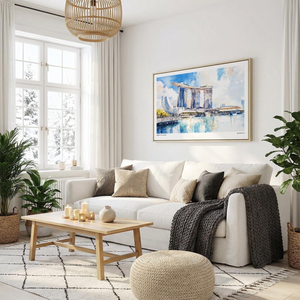 03 - Singapore Marina Bays Sands Watercolor - Horizontal Canvas Print with Natural Floater Frame in modern Scandi Living Room.jpg 03 - Singapore Marina Bays Sands Watercolor - Horizontal Canvas Print with Natural Floater Frame in modern Scandi Living Room.jpg