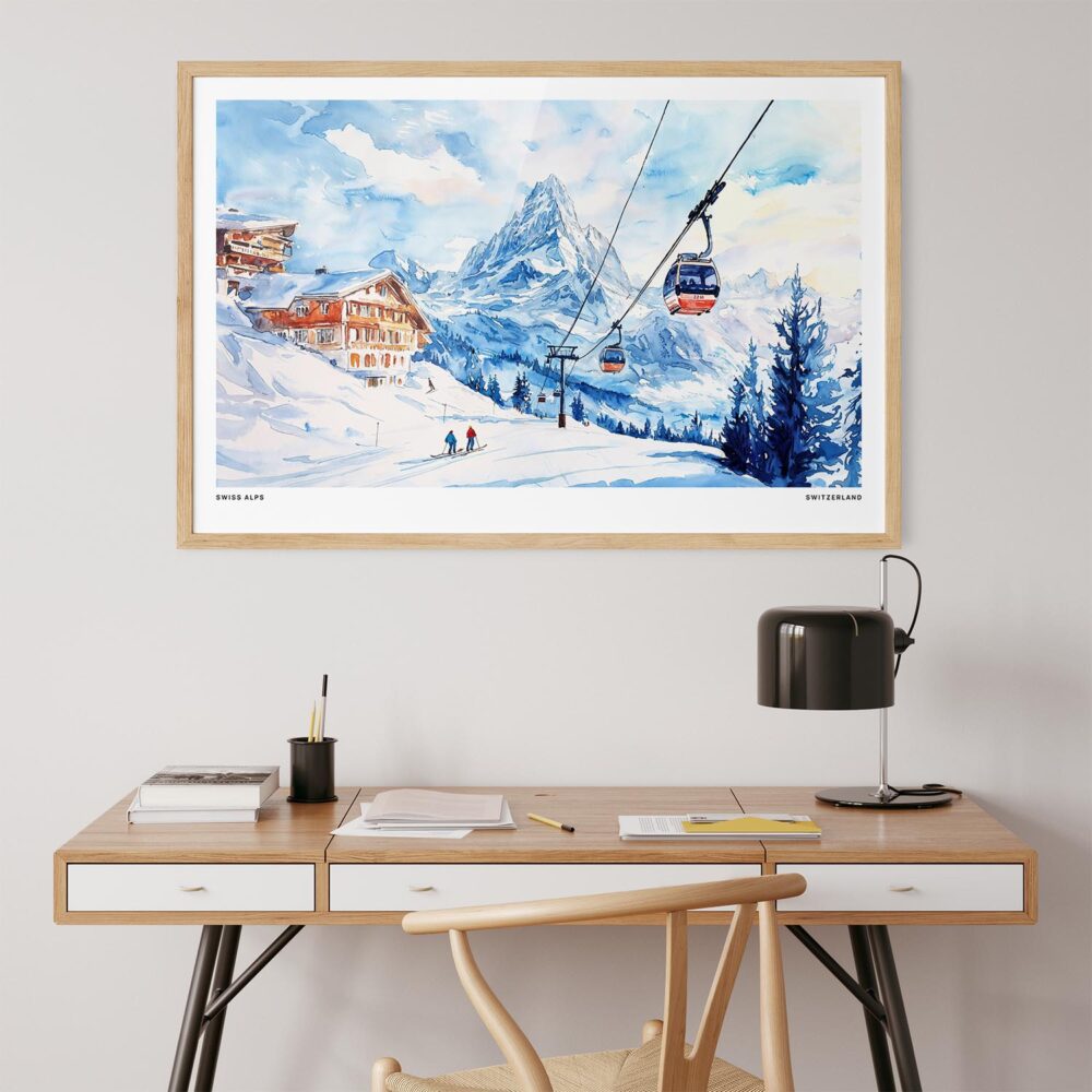 03 - Skiing in Swiss Alps Watercolor - Horizontal Art Print in Natural Wood Frame above work desk.jpg 03 - Skiing in Swiss Alps Watercolor - Horizontal Art Print in Natural Wood Frame above work desk.jpg