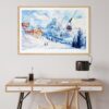 03 - Skiing in Swiss Alps Watercolor - Horizontal Art Print in Natural Wood Frame above work desk.jpg