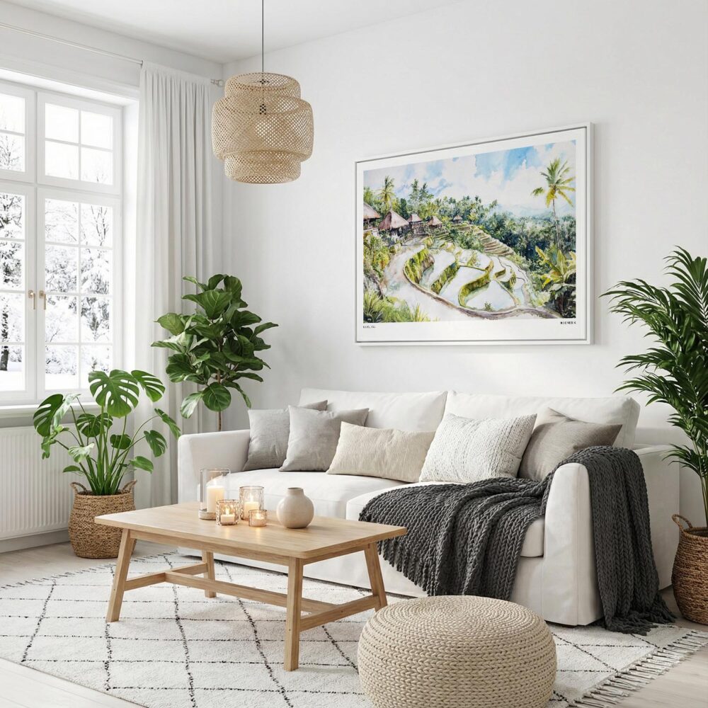 03 - Ubud Bali Watercolor - Horizontal Canvas Print with White Floater Frame in modern Scandi Living Room.jpg 03 - Ubud Bali Watercolor - Horizontal Canvas Print with White Floater Frame in modern Scandi Living Room.jpg