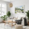 03 - Ubud Bali Watercolor - Horizontal Canvas Print with White Floater Frame in modern Scandi Living Room.jpg