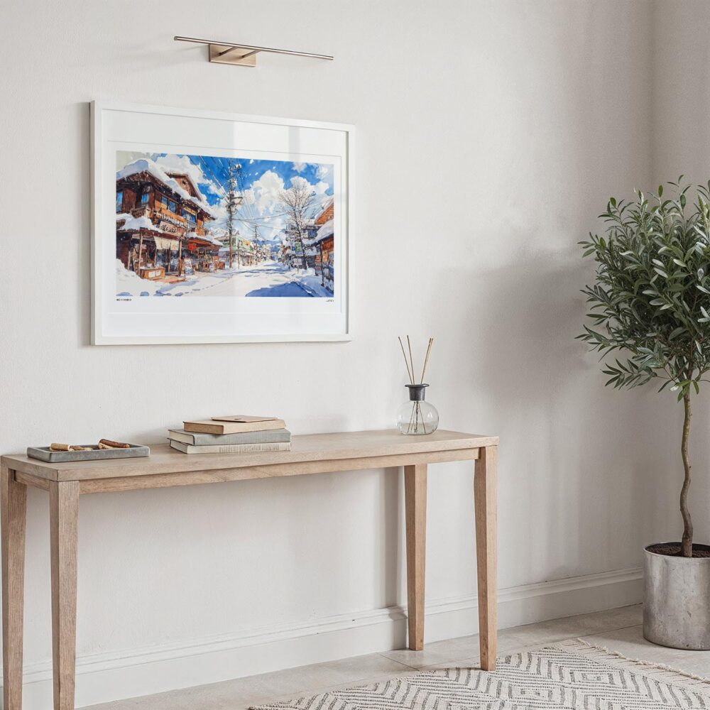 03 - Winter in Hokkaido Watercolor - Horizontal Art Print in Hallway with White Frame.jpg 03 - Winter in Hokkaido Watercolor - Horizontal Art Print in Hallway with White Frame.jpg