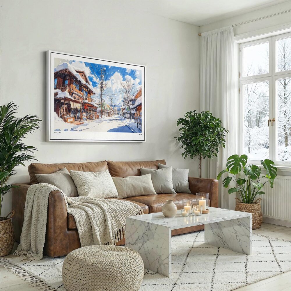 03 - Winter in Hokkaido Watercolor - Horizontal Canvas Print with White Floater Frame above Leather Couch.jpg 03 - Winter in Hokkaido Watercolor - Horizontal Canvas Print with White Floater Frame above Leather Couch.jpg