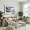 03 - Winter in Hokkaido Watercolor - Horizontal Canvas Print with White Floater Frame above Leather Couch.jpg