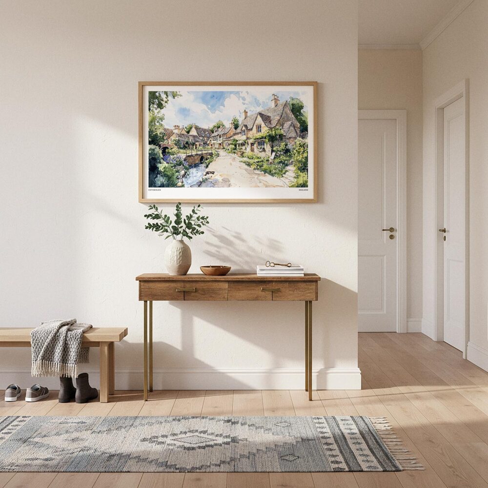 04 - A Framed Cotswolds England Watercolor - Horizontal Art Print hanging in Hallway.jpg 04 - A Framed Cotswolds England Watercolor - Horizontal Art Print hanging in Hallway.jpg
