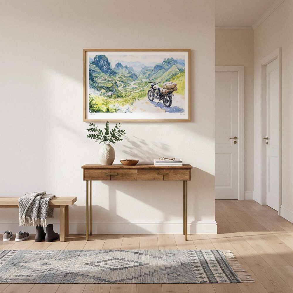04 - A Framed Ha Giang Loop Watercolor - Horizontal Art Print hanging in Hallway.jpg 04 - A Framed Ha Giang Loop Watercolor - Horizontal Art Print hanging in Hallway.jpg