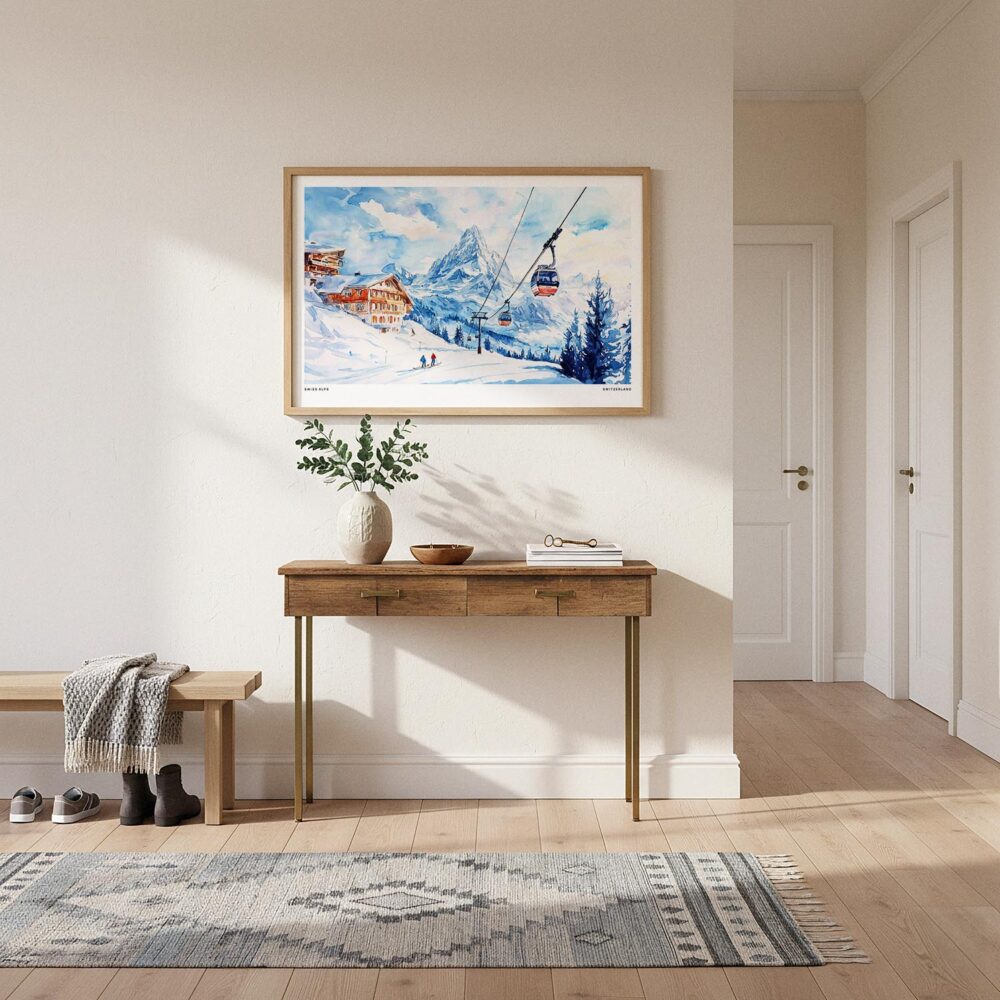 04 - A Framed Skiing in Swiss Alps Watercolor - Horizontal Art Print hanging in Hallway.jpg 04 - A Framed Skiing in Swiss Alps Watercolor - Horizontal Art Print hanging in Hallway.jpg