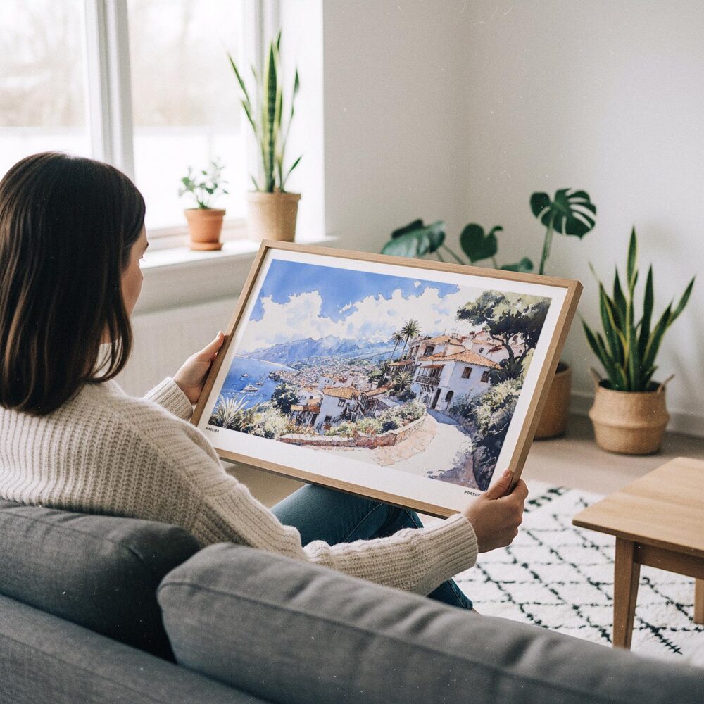 04 - A Woman Holding A Framed Madeira Portugal Watercolor - Horizontal Art Print.jpg 04 - A Woman Holding A Framed Madeira Portugal Watercolor - Horizontal Art Print.jpg