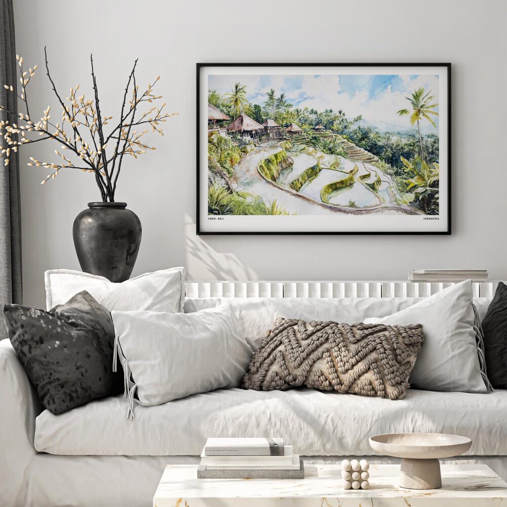 04 - Black Framed Ubud Bali Watercolor - Horizontal Art Print in Scandi Living Room Above Couch.jpg 04 - Black Framed Ubud Bali Watercolor - Horizontal Art Print in Scandi Living Room Above Couch.jpg