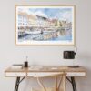 04 - Copenhagen Denmark Harbor Watercolor - Horizontal Art Print in Natural Wood Frame above work desk.jpg