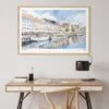 04 - Copenhagen Denmark Harbor Watercolor - Horizontal Art Print in Natural Wood Frame above work desk.jpg