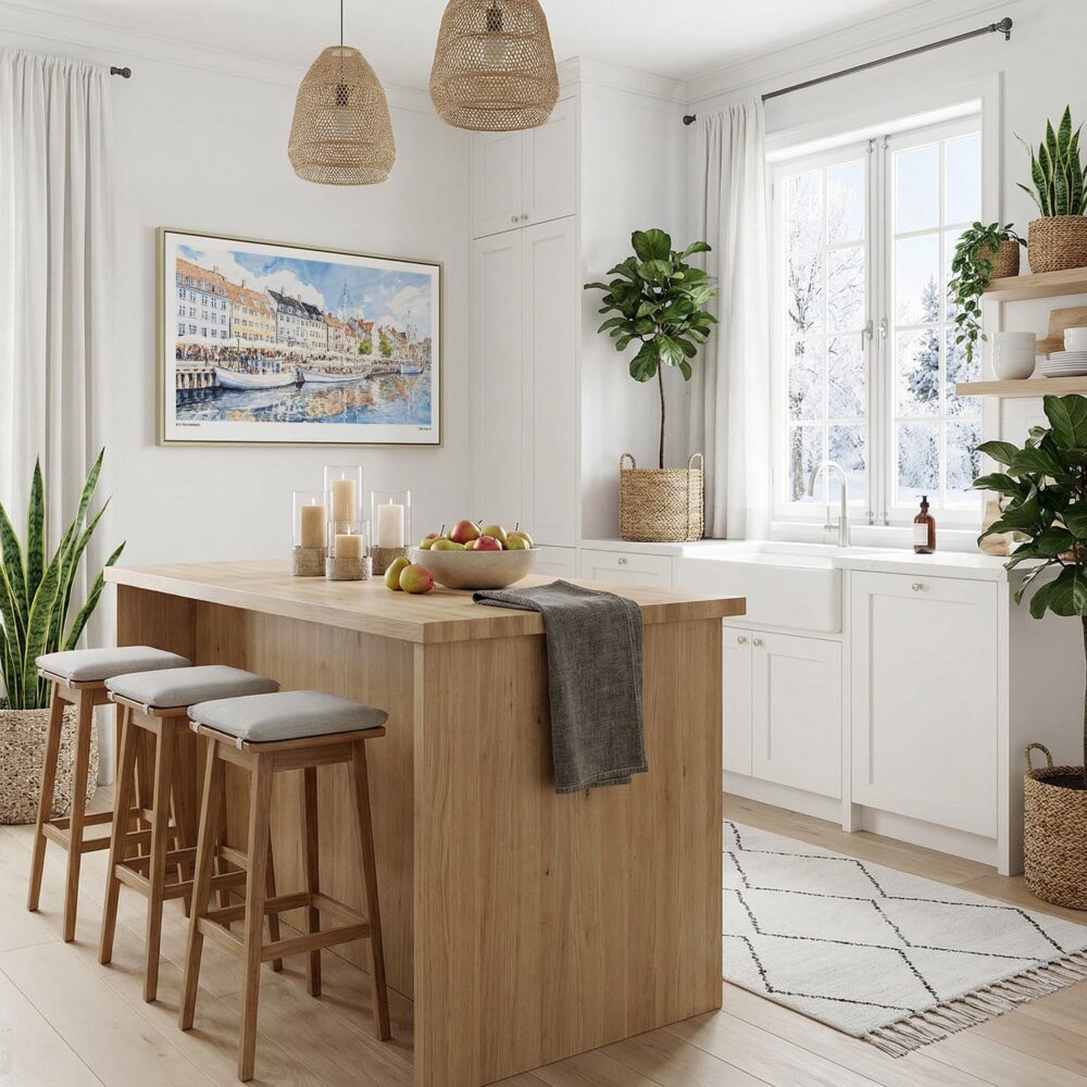 04 - Copenhagen Denmark Harbor Watercolor - Horizontal Canvas Print with Natural Floater Frame in Kitchen.jpg 04 - Copenhagen Denmark Harbor Watercolor - Horizontal Canvas Print with Natural Floater Frame in Kitchen.jpg