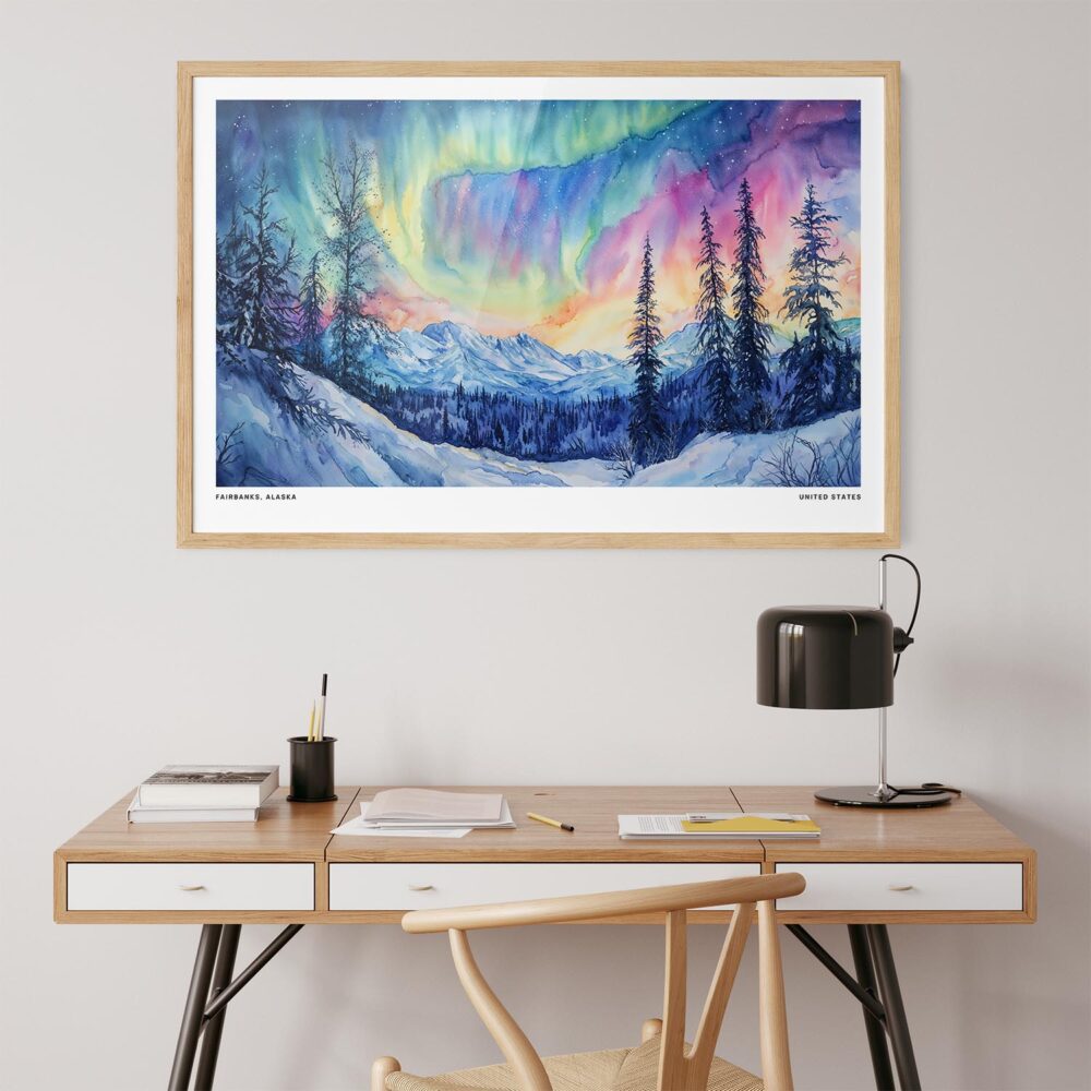 04 - Fairbanks Alaska Northern Lights Watercolor - Horizontal Art Print in Natural Wood Frame above work desk.jpg 04 - Fairbanks Alaska Northern Lights Watercolor - Horizontal Art Print in Natural Wood Frame above work desk.jpg