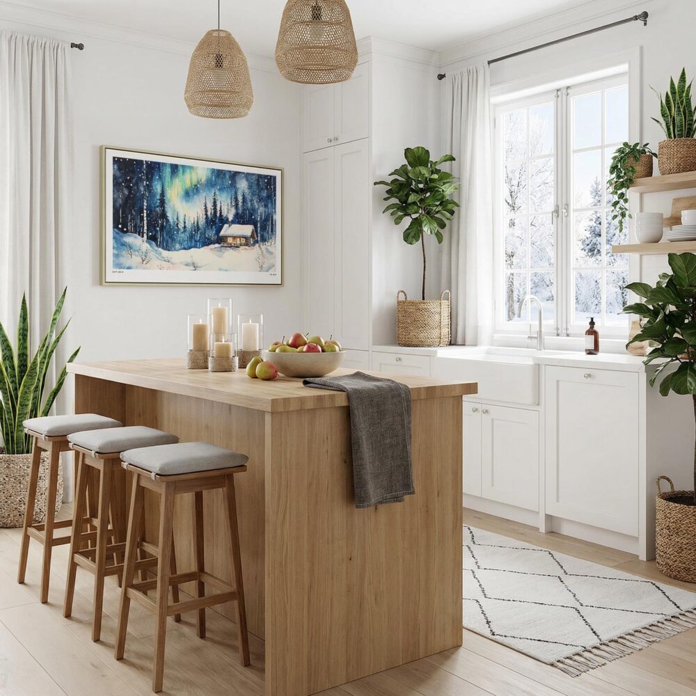 04 - Finland Lapland Aurora Watercolor - Horizontal Canvas Print with Natural Floater Frame in Kitchen.jpg 04 - Finland Lapland Aurora Watercolor - Horizontal Canvas Print with Natural Floater Frame in Kitchen.jpg