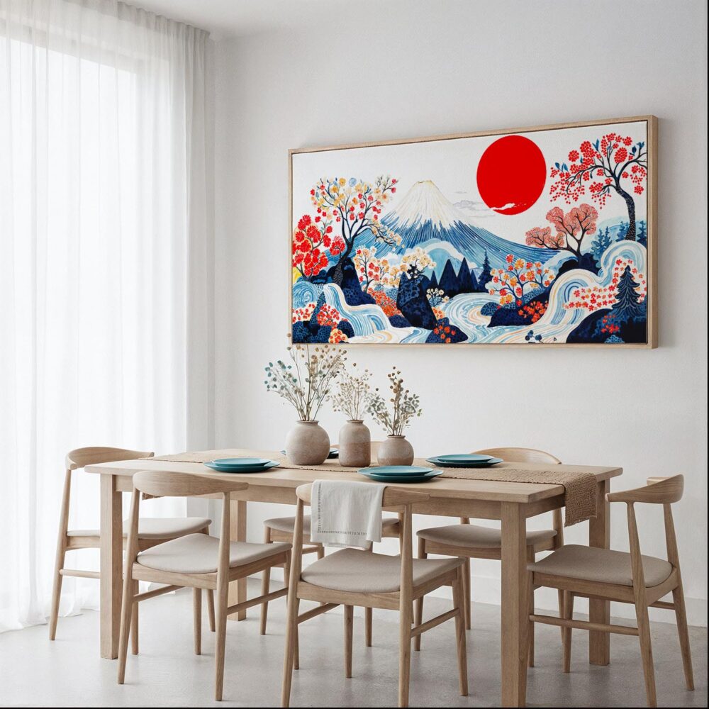 04 - Framed Abstract Japanese Landscape with Mount Fuji Art - Panorama Canvas Print - Dining Table.jpg 04 - Framed Abstract Japanese Landscape with Mount Fuji Art - Panorama Canvas Print - Dining Table.jpg