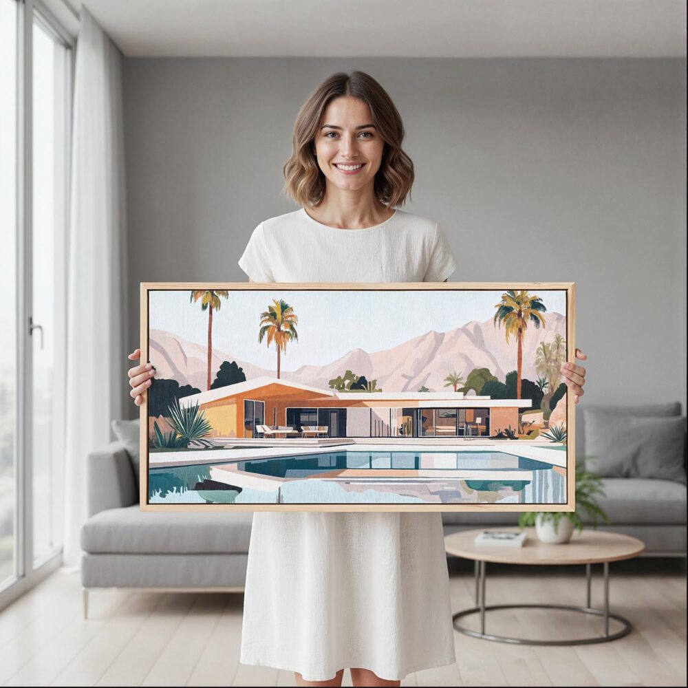 04 - Framed Abstract Midcentury Palm Springs Artwork - Panorama Canvas Print - Woman in contemporary Living Room.jpg 04 - Framed Abstract Midcentury Palm Springs Artwork - Panorama Canvas Print - Woman in contemporary Living Room.jpg