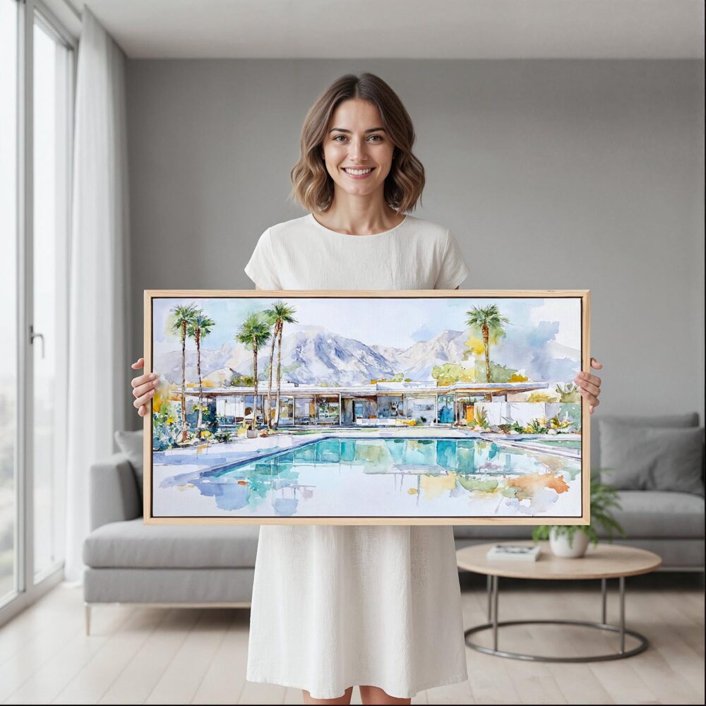 04 - Framed Abstract Midcentury Palm Springs Watercolor - Panorama Canvas Print - Woman in contemporary Living Room.jpg 04 - Framed Abstract Midcentury Palm Springs Watercolor - Panorama Canvas Print - Woman in contemporary Living Room.jpg