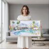 04 - Framed Abstract Midcentury Palm Springs Watercolor - Panorama Canvas Print - Woman in contemporary Living Room.jpg