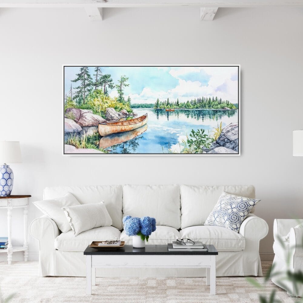 04 - Framed Boundary Waters Watercolor - Panorama Canvas Print - Coastal Living Room.jpg 04 - Framed Boundary Waters Watercolor - Panorama Canvas Print - Coastal Living Room.jpg