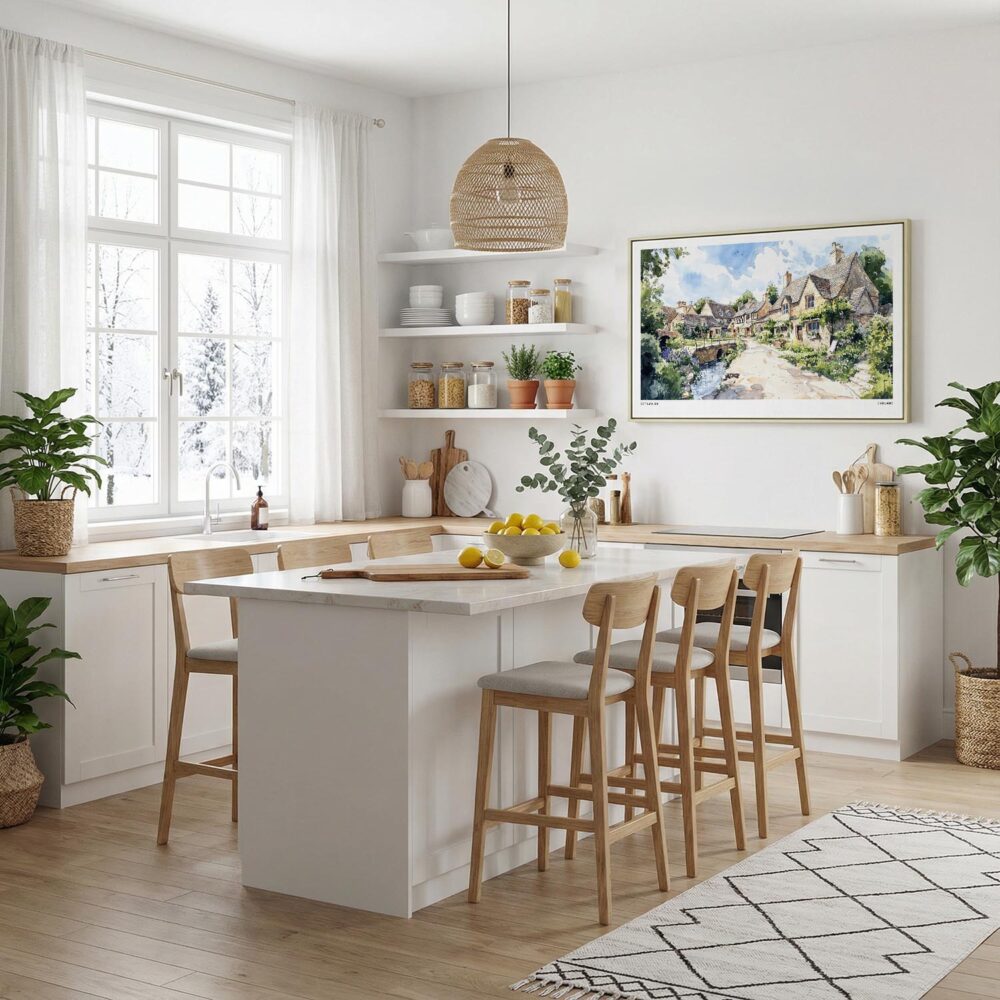 04 - Framed Cotswolds England Watercolor - Horizontal Canvas Print in Modern Kitchen.jpg 04 - Framed Cotswolds England Watercolor - Horizontal Canvas Print in Modern Kitchen.jpg