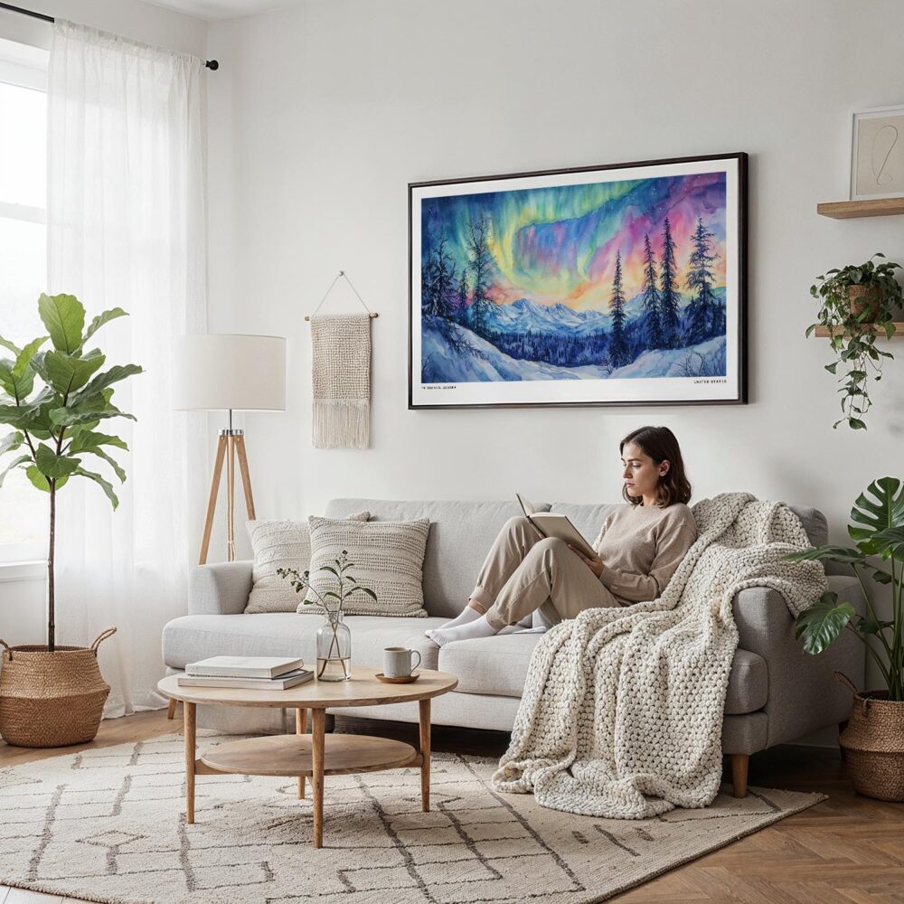 04 - Framed Fairbanks Alaska Northern Lights Watercolor - Horizontal Canvas Print - Scandi Living Room.jpg 04 - Framed Fairbanks Alaska Northern Lights Watercolor - Horizontal Canvas Print - Scandi Living Room.jpg