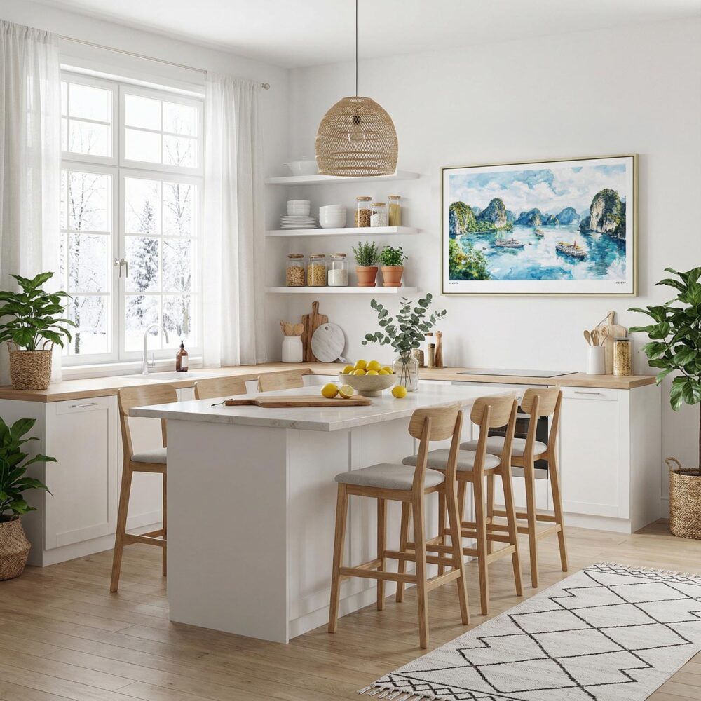 04 - Framed Ha Long Vietnam Watercolor - Horizontal Canvas Print in Modern Kitchen.jpg 04 - Framed Ha Long Vietnam Watercolor - Horizontal Canvas Print in Modern Kitchen.jpg