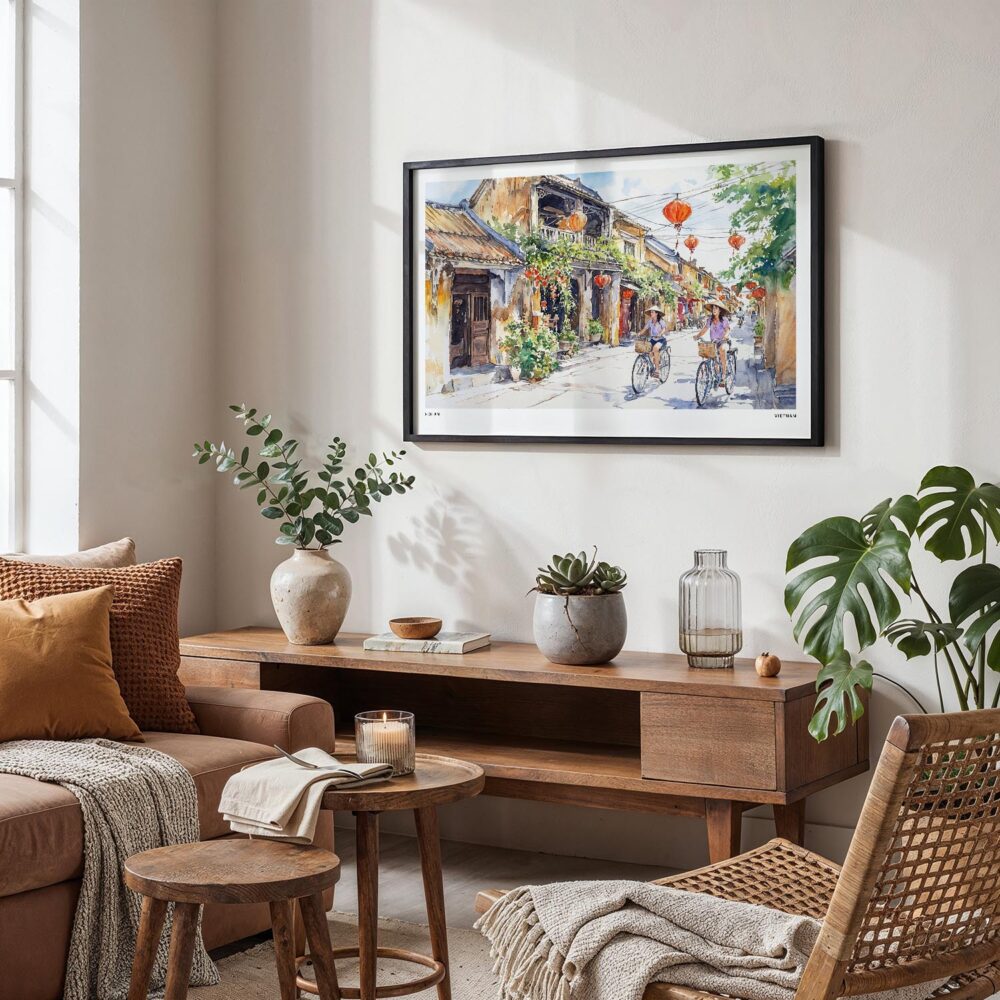 04 - Framed Hoi An Vietnam Watercolor - Horizontal Art Print in Boho Living Room.jpg 04 - Framed Hoi An Vietnam Watercolor - Horizontal Art Print in Boho Living Room.jpg