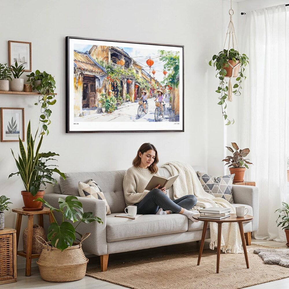 04 - Framed Hoi An Vietnam Watercolor - Horizontal Canvas Print - Boho Living Room with Woman reading.jpg 04 - Framed Hoi An Vietnam Watercolor - Horizontal Canvas Print - Boho Living Room with Woman reading.jpg