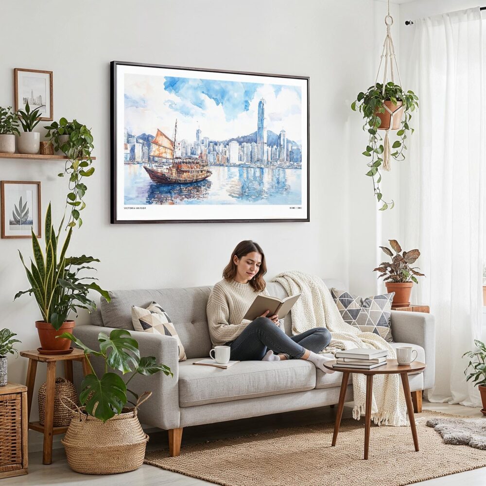 04 - Framed Hong Kong Watercolor - Horizontal Canvas Print - Boho Living Room with Woman reading.jpg 04 - Framed Hong Kong Watercolor - Horizontal Canvas Print - Boho Living Room with Woman reading.jpg