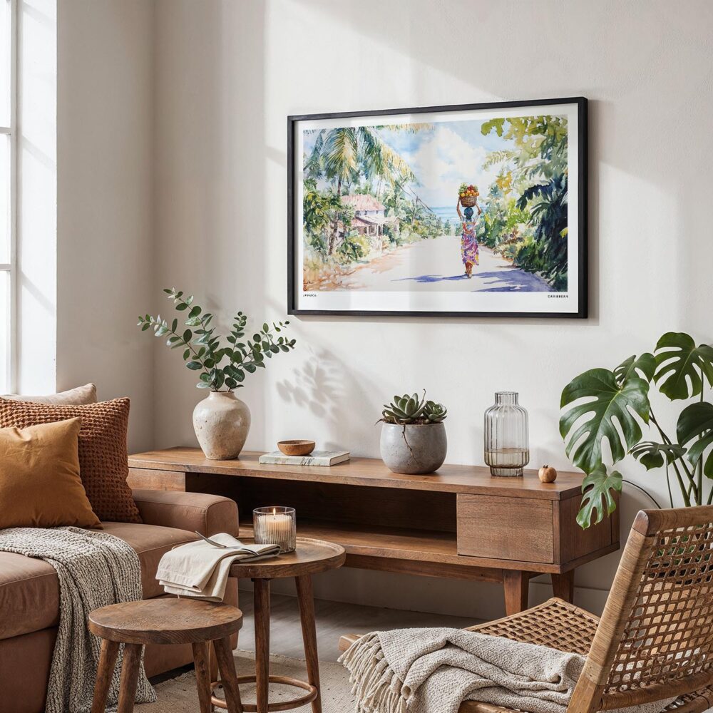 04 - Framed Jamaica Watercolor - Horizontal Art Print in Boho Living Room.jpg 04 - Framed Jamaica Watercolor - Horizontal Art Print in Boho Living Room.jpg