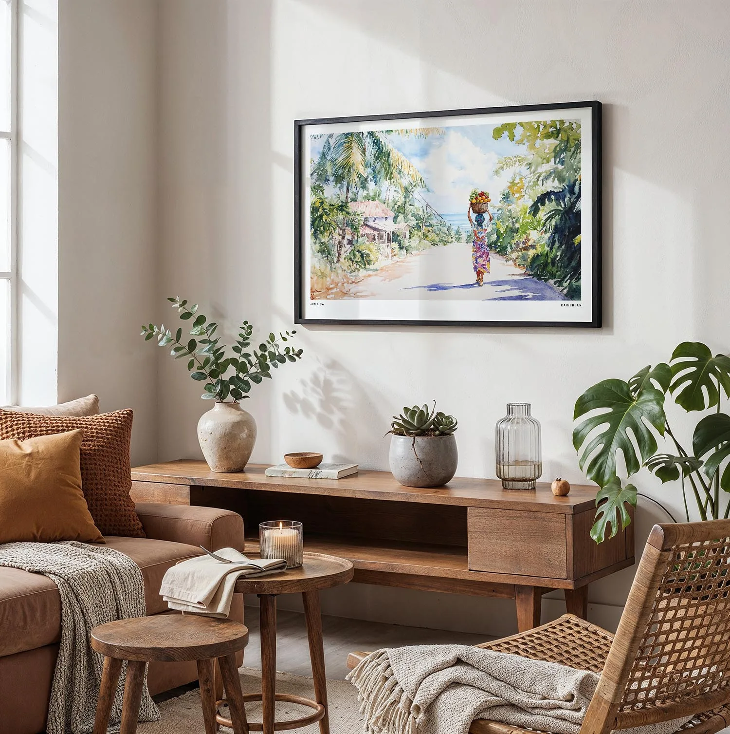 04 - Framed Jamaica Watercolor - Horizontal Art Print in Boho Living Room.jpg