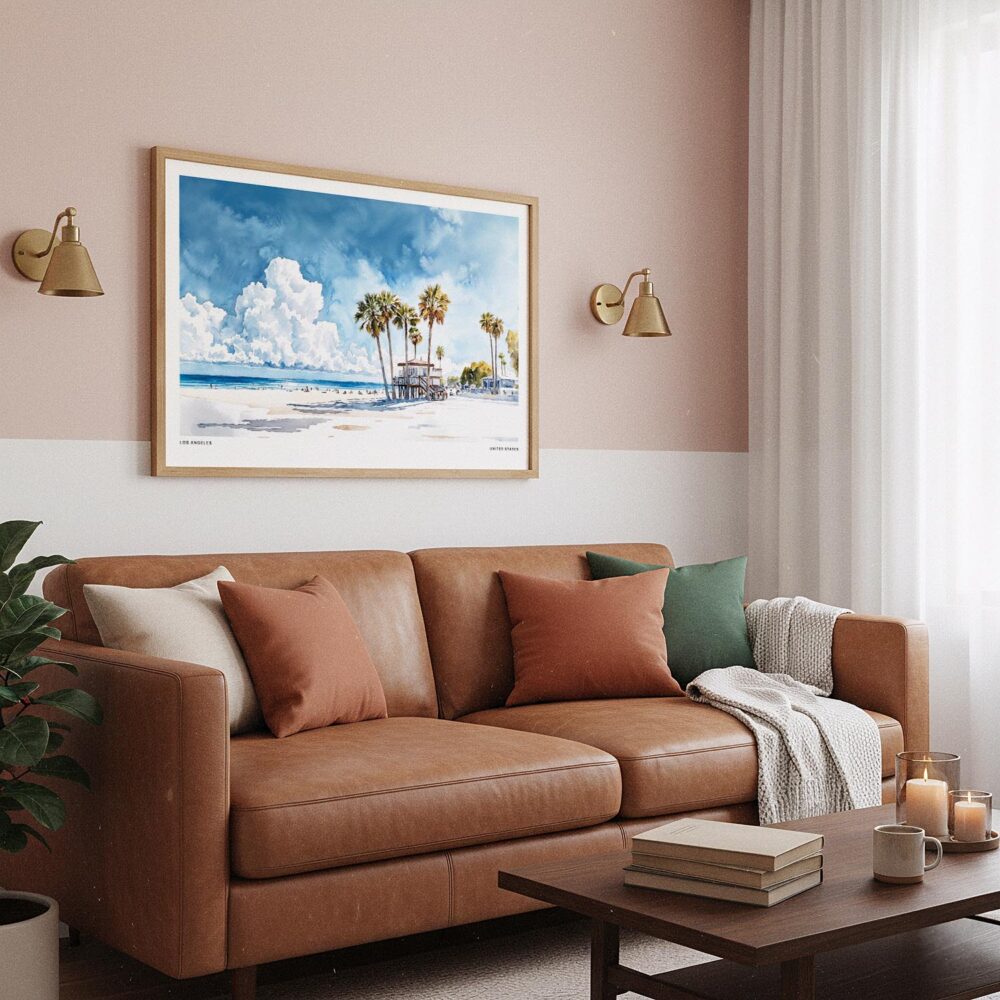 04 - Framed Los Angeles Beach Watercolor - Horizontal Art Print hanging in Boho Living Room.jpg 04 - Framed Los Angeles Beach Watercolor - Horizontal Art Print hanging in Boho Living Room.jpg