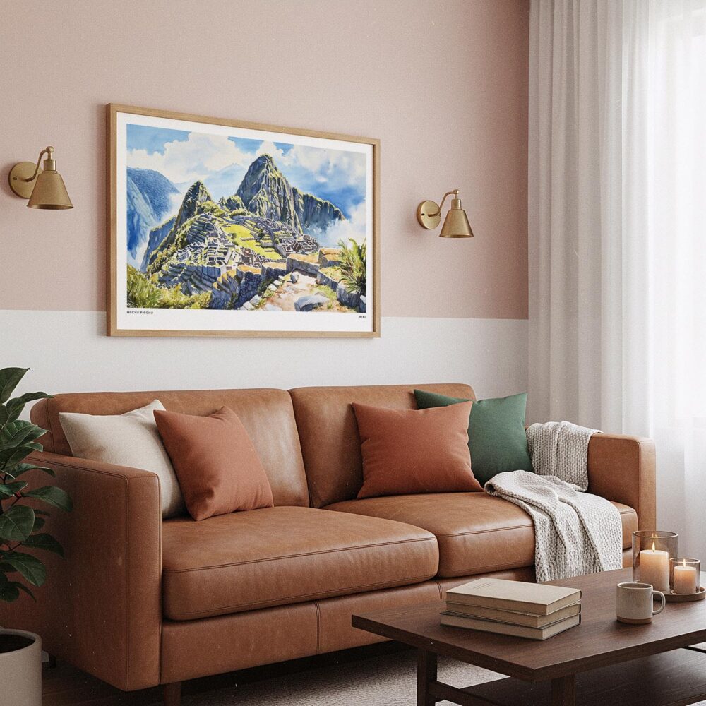 04 - Framed Machu Picchu Watercolor - Horizontal Art Print hanging in Boho Living Room.jpg 04 - Framed Machu Picchu Watercolor - Horizontal Art Print hanging in Boho Living Room.jpg