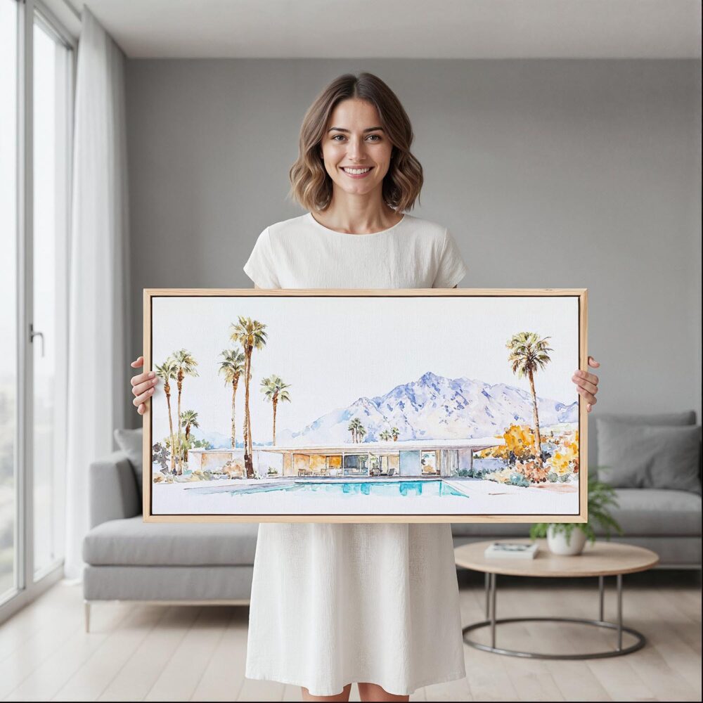 04 - Framed Minimal Palm Springs Watercolor - Panorama Canvas Print - Woman in contemporary Living Room.jpg 04 - Framed Minimal Palm Springs Watercolor - Panorama Canvas Print - Woman in contemporary Living Room.jpg