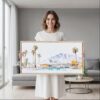 04 - Framed Minimal Palm Springs Watercolor - Panorama Canvas Print - Woman in contemporary Living Room.jpg