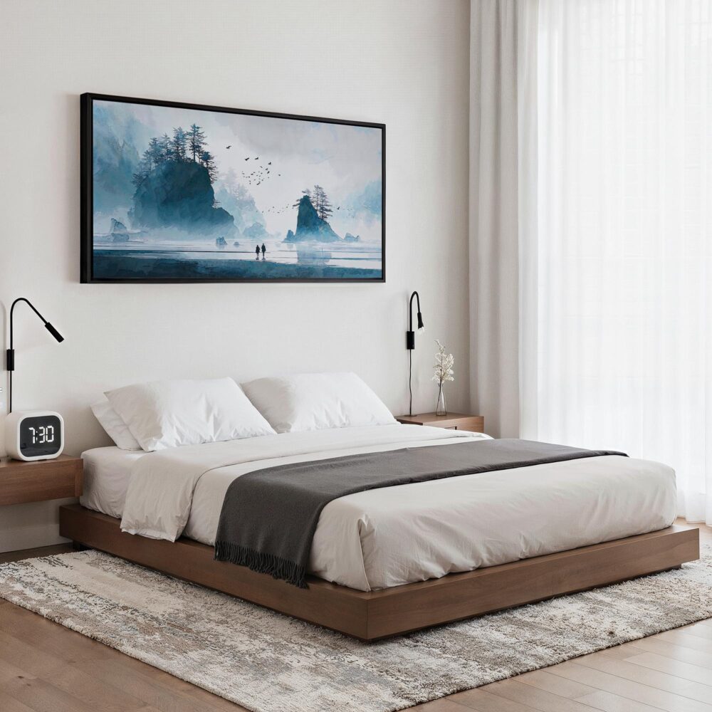 04 - Framed Misty Olympic National Park Watercolor - Panorama Canvas Print - Bedroom.jpg 04 - Framed Misty Olympic National Park Watercolor - Panorama Canvas Print - Bedroom.jpg