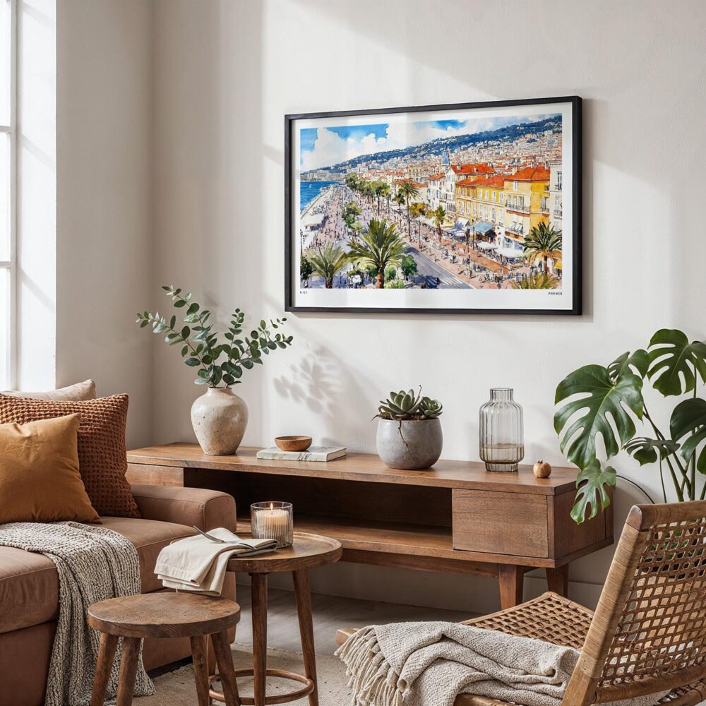 04 - Framed Nice France Watercolor - Horizontal Art Print in Boho Living Room.jpg 04 - Framed Nice France Watercolor - Horizontal Art Print in Boho Living Room.jpg