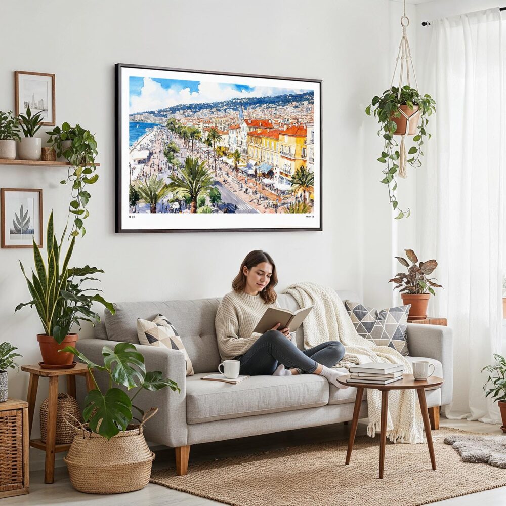 04 - Framed Nice France Watercolor - Horizontal Canvas Print - Boho Living Room with Woman reading.jpg 04 - Framed Nice France Watercolor - Horizontal Canvas Print - Boho Living Room with Woman reading.jpg