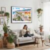 04 - Framed Nice France Watercolor - Horizontal Canvas Print - Boho Living Room with Woman reading.jpg