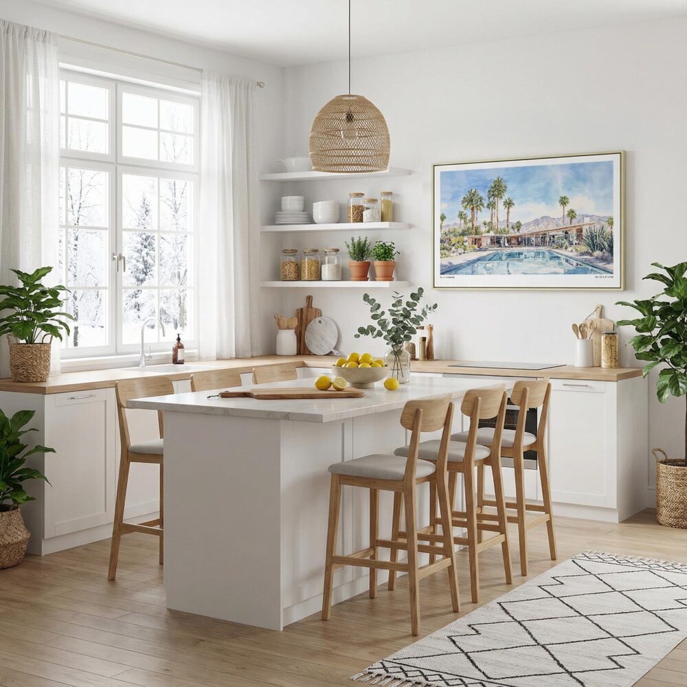 04 - Framed Palm Springs Watercolor - Horizontal Canvas Print in Modern Kitchen.jpg 04 - Framed Palm Springs Watercolor - Horizontal Canvas Print in Modern Kitchen.jpg