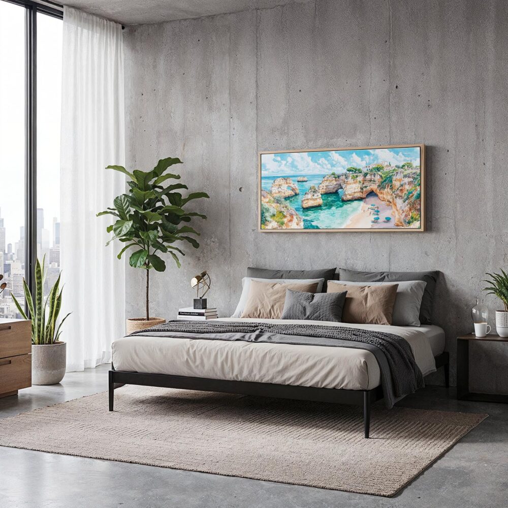 04 - Framed Portugal Algarve Watercolor - Panorama Canvas Print - Modern Living Room.jpg 04 - Framed Portugal Algarve Watercolor - Panorama Canvas Print - Modern Living Room.jpg