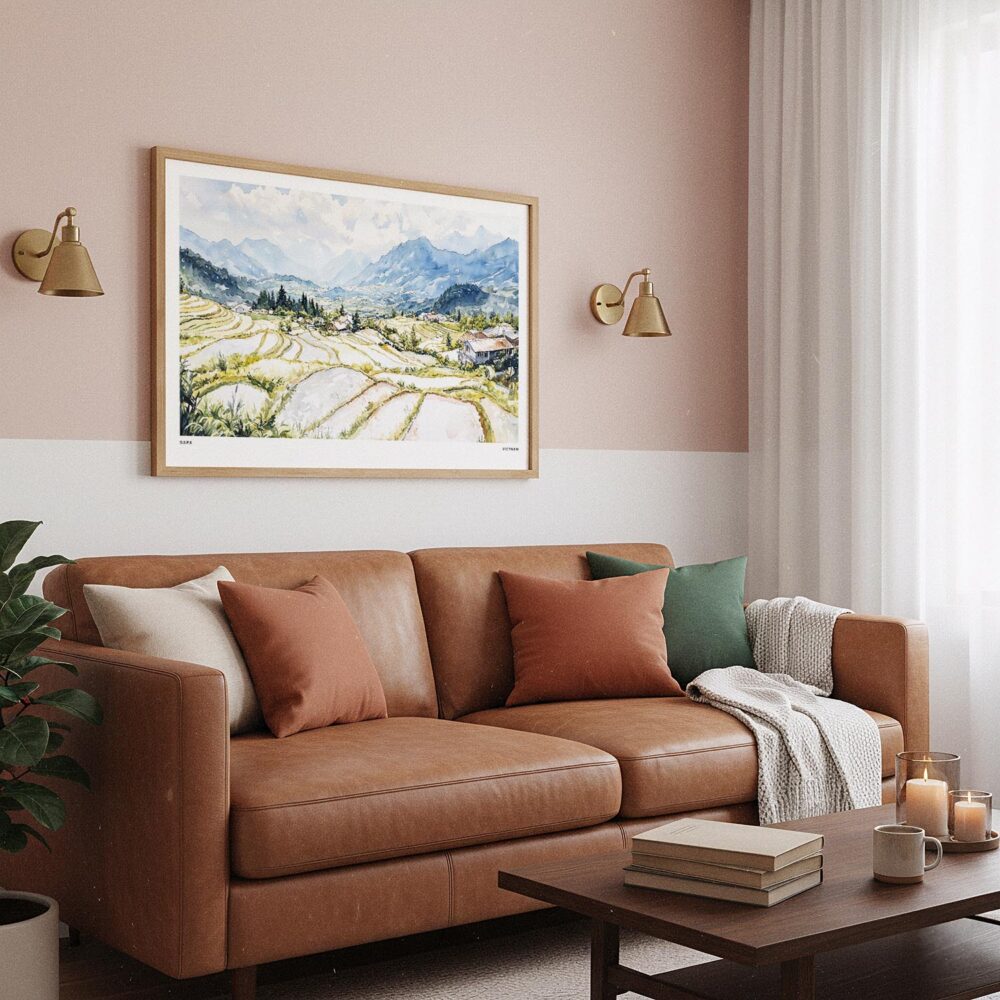 04 - Framed Sapa Valley Vietam Watercolor - Horizontal Art Print hanging in Boho Living Room.jpg 04 - Framed Sapa Valley Vietam Watercolor - Horizontal Art Print hanging in Boho Living Room.jpg